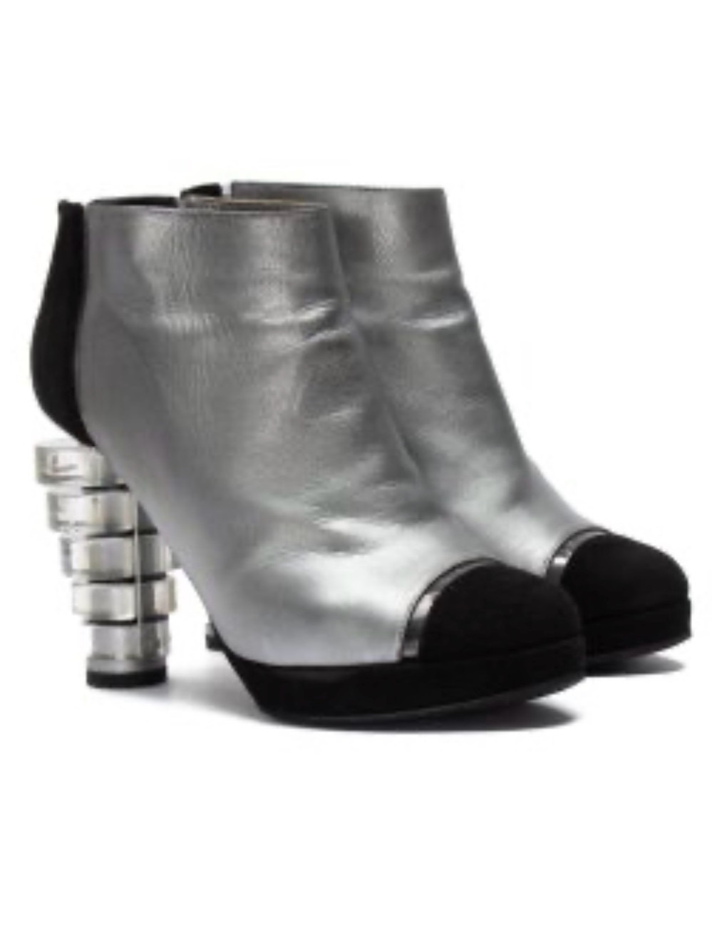 CHANEL Silver Metallic CC Logo Ankle Booties Lucite Desks Hills